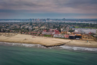 Hotel del coronado with san diego skyline, aerial. high quality photo