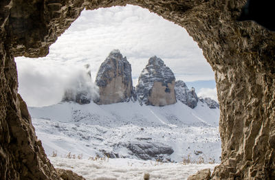 Autumn landscape in dolomites italy with the tre cime mountain