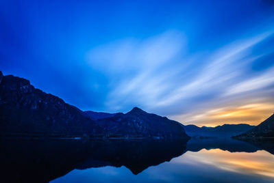 Reflection of mountains in lake against blue sky