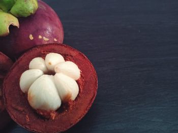 High angle view of fruit in plate on table