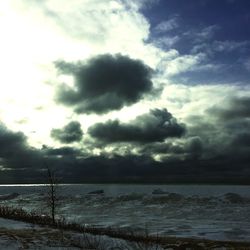 Scenic view of sea against dramatic sky