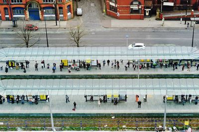 High angle view of people in city