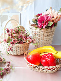 Close-up of strawberries in basket on table