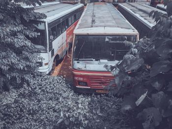 High angle view of train on snow covered landscape