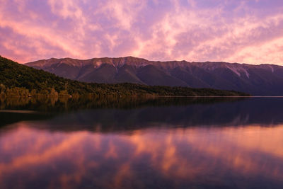 Scenic view of lake and mountains against sky at sunset