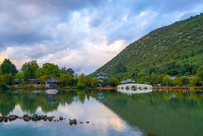 Scenic view of lake by mountains against sky