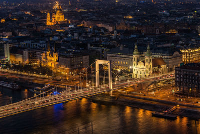 High angle view of illuminated bridge at night