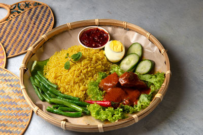 High angle view of meal served on table