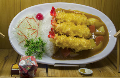 High angle view of breakfast served on table