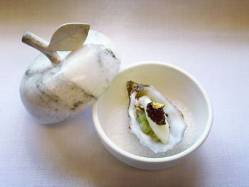 High angle view of breakfast served on table