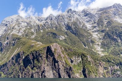 Scenic view of milford sound against sky