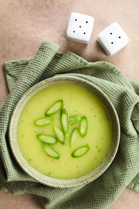 High angle view of soup in bowl