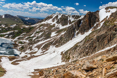 Scenic view of snowcapped mountains against blue sky