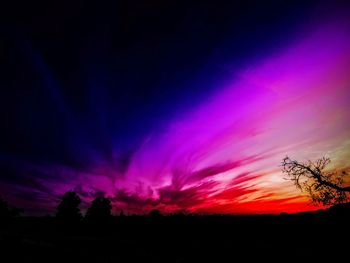 Silhouette trees on field against dramatic sky at sunset