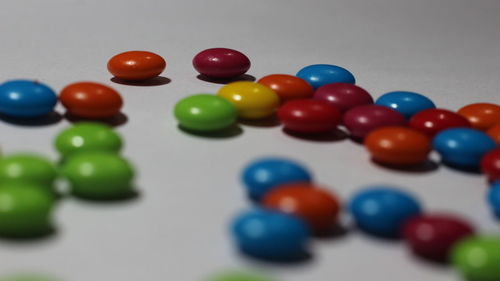 High angle view of multi colored balls on table