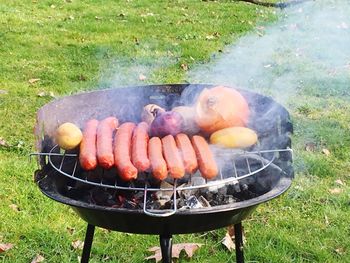 High angle view of vegetables on barbecue grill