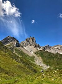 Scenic view of rocky mountains against blue sky