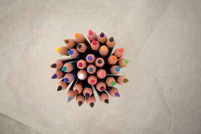 High angle view of multi colored pencils