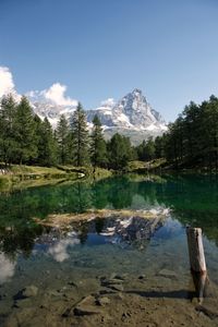 Scenic view of lake by snowcapped mountains against sky