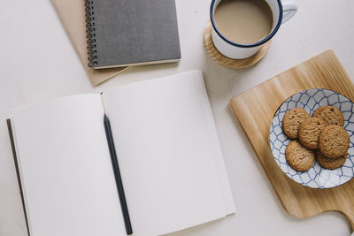 High angle view of objects on table