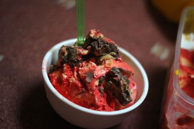 Close-up of meat served in bowl on table