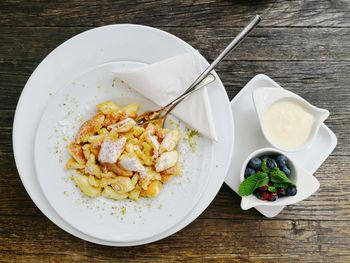 High angle view of breakfast served on table