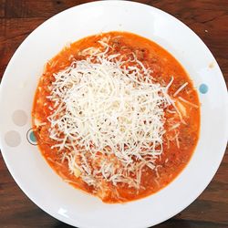 High angle view of soup in bowl on table