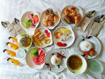 High angle view of breakfast served on table