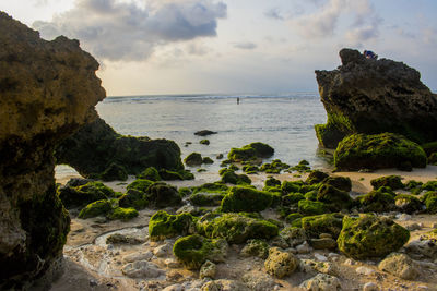 Rocks on sea shore against sky