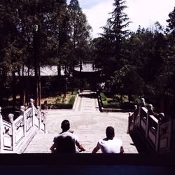 Rear view of men sitting on stairway in park