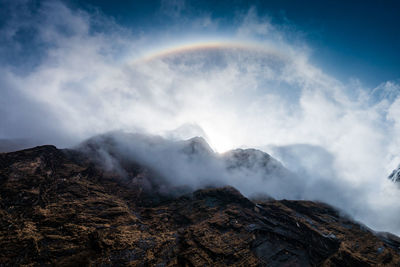 Scenic view of rainbow over mountains against sky