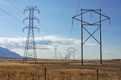 Electricity pylon on landscape against sky