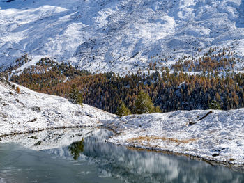 Scenic view of snowcapped mountains during winter