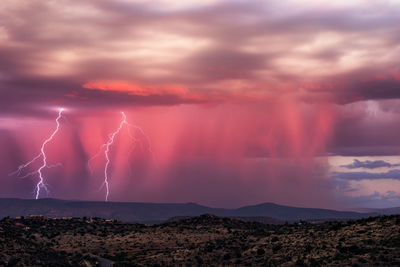 Lightning strikes at sunset from a monsoon thunderstorm in arizona