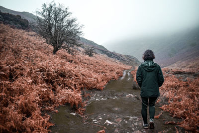 Rear view of woman walking on pathway against sky