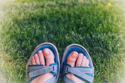 Low section of person wearing sandal on grass