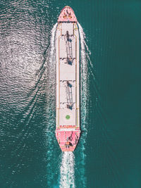 High angle view of ship sailing in sea