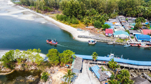 High angle view of boats in sea