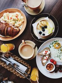 High angle view of breakfast on table