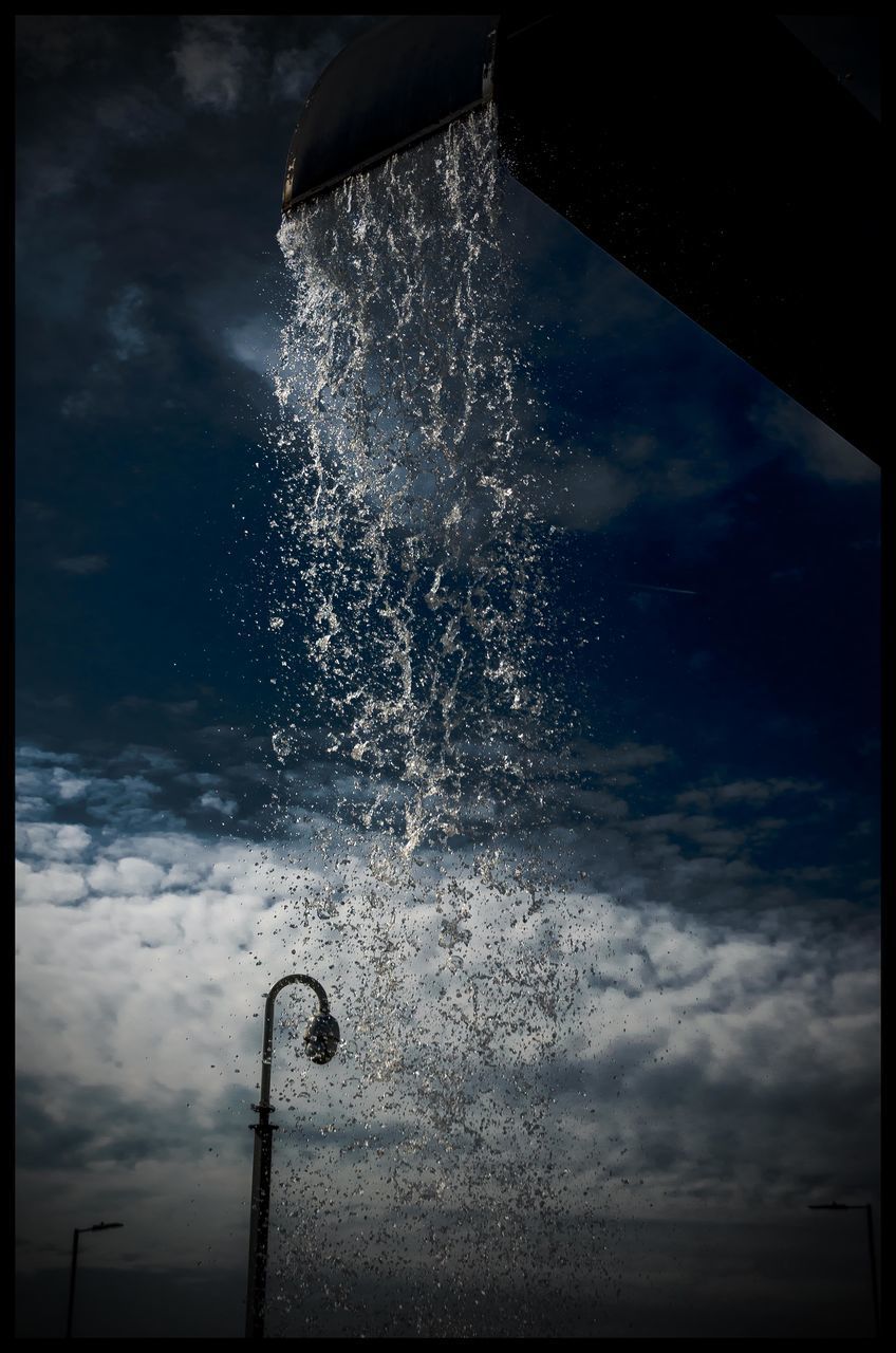 LOW ANGLE VIEW OF WATER SPLASHING AGAINST SKY