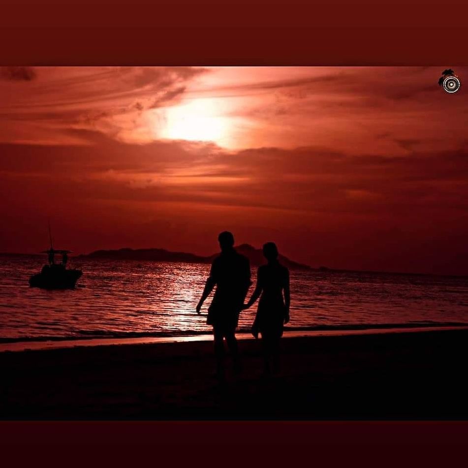 sea, water, sky, sunset, silhouette, two people, men, nature, togetherness, beach, adult, beauty in nature, horizon over water, horizon, leisure activity, love, cloud, transportation, lifestyles, nautical vessel, women, vacation, standing, holiday, trip, scenics - nature, land, orange color, outdoors, emotion, positive emotion, person, bonding, full length, mode of transportation, afterglow, travel, reflection, tranquility, ocean, friendship