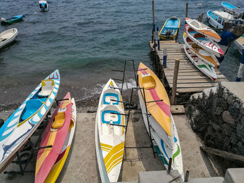 High angle view of boats moored in sea