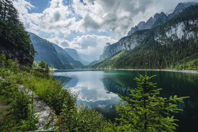 Scenic view of lake and mountains against sky