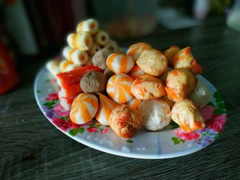 High angle view of pastry in plate on table