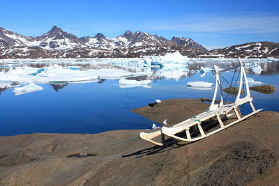 Scenic view of sea by snowcapped mountains against clear blue sky