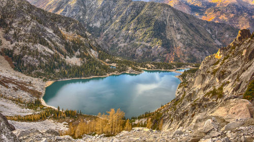 Panoramic view of lake and mountains