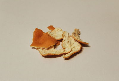 High angle view of meat on white background