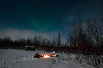 Snow on field against sky at night