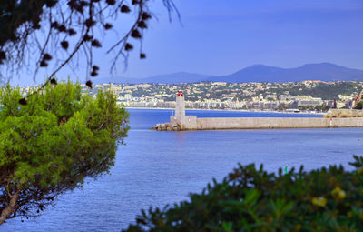 Scenic view of sea against clear blue sky