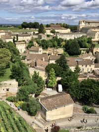 Saint emilion, france. panorama view of the medieval town. old stone houses with tile rooftop.
